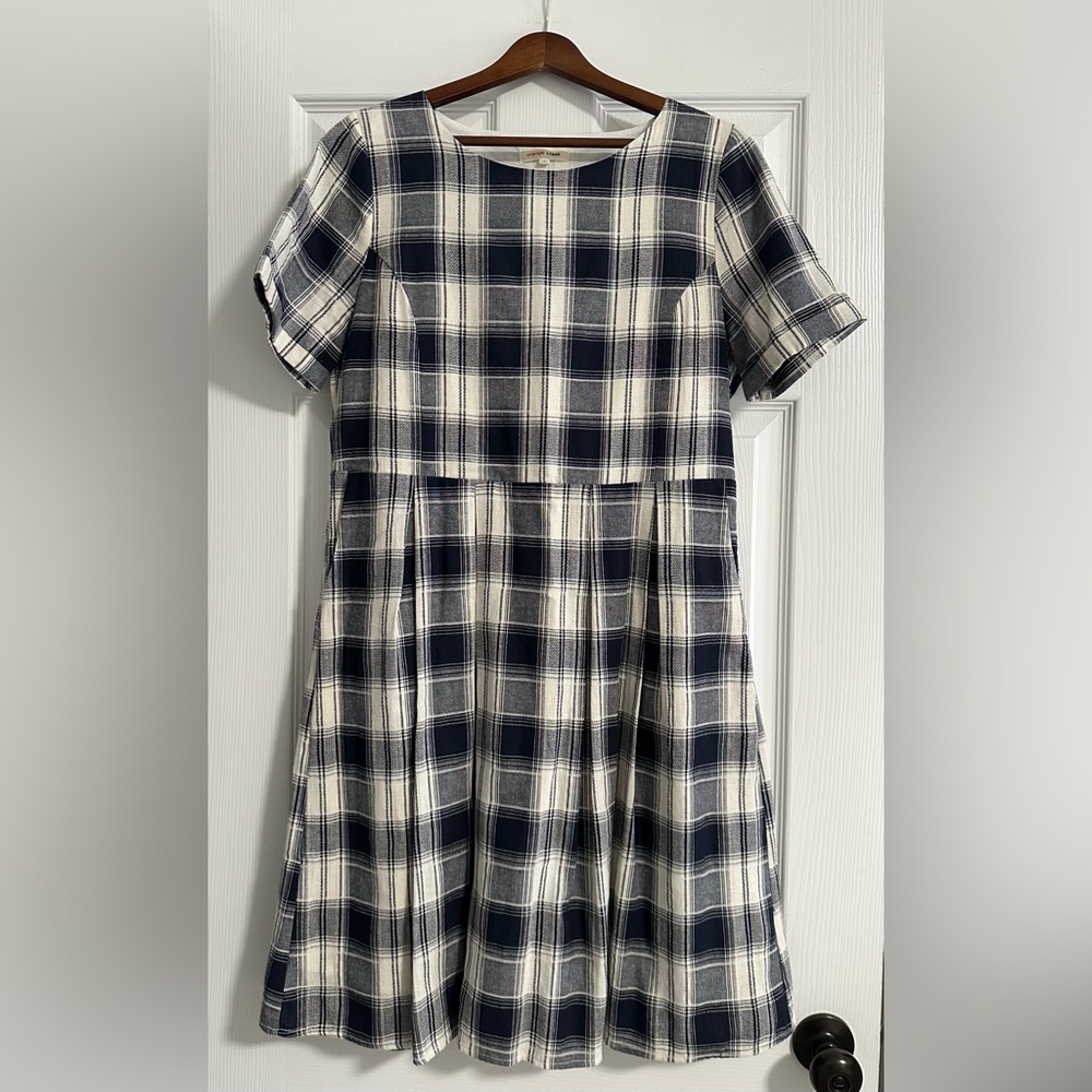 100% Cotton Plaid Dress - Navy and Cream w/ Pleats